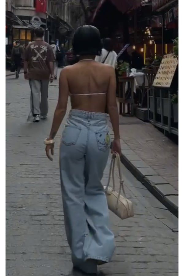 Premium Floral Nakışlı Yüksek Bel Geniş Paça Jean Pantolon