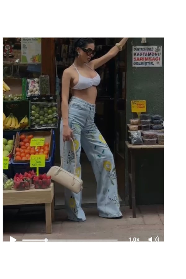 Premium Floral Nakışlı Yüksek Bel Geniş Paça Jean Pantolon
