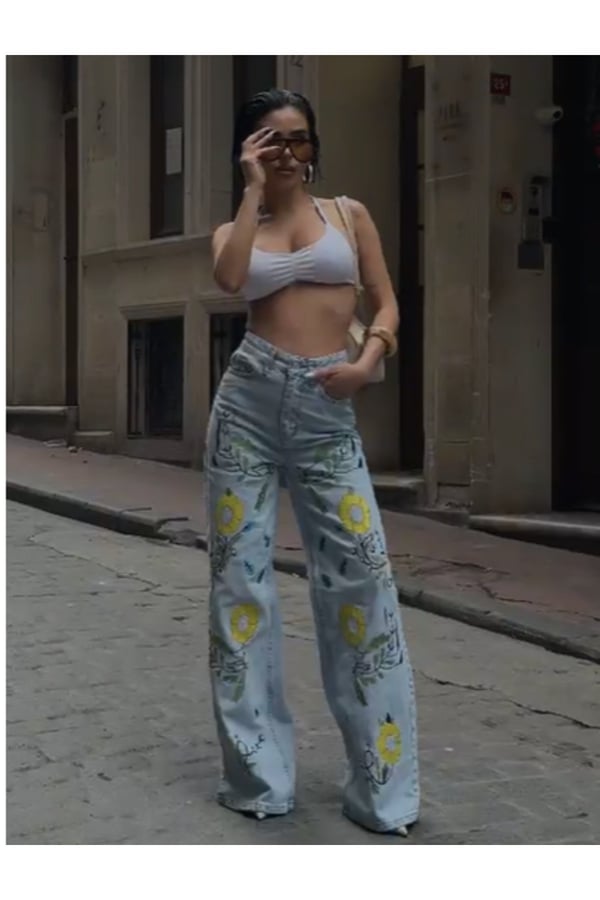 Premium Floral Nakışlı Yüksek Bel Geniş Paça Jean Pantolon