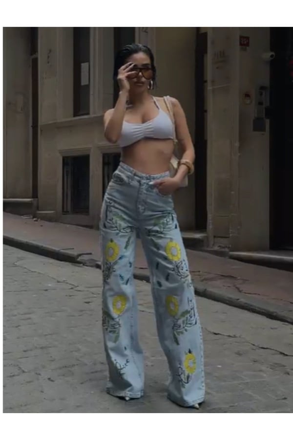 Premium Floral Nakışlı Yüksek Bel Geniş Paça Jean Pantolon