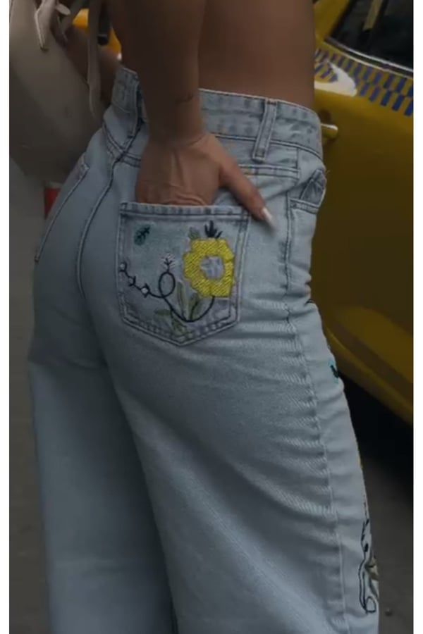 Premium Floral Nakışlı Yüksek Bel Geniş Paça Jean Pantolon
