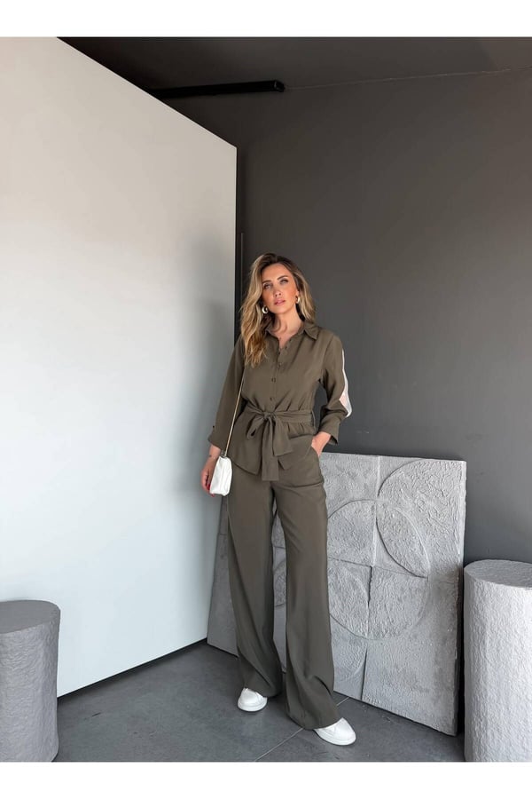 Premium Kalite Kuşak Detaylı Rahat Kesim Gömlek Pantolon İkili Takım