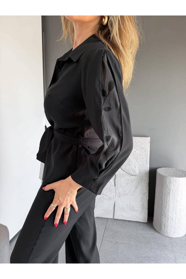 Premium Kalite Kuşak Detaylı Rahat Kesim Gömlek Pantolon İkili Takım
