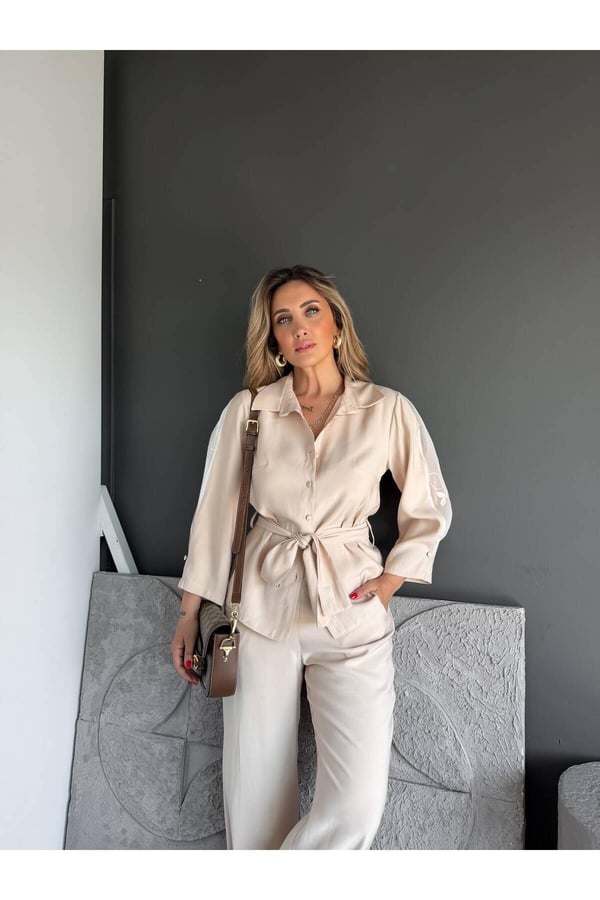 Premium Kalite Kuşak Detaylı Rahat Kesim Gömlek Pantolon İkili Takım