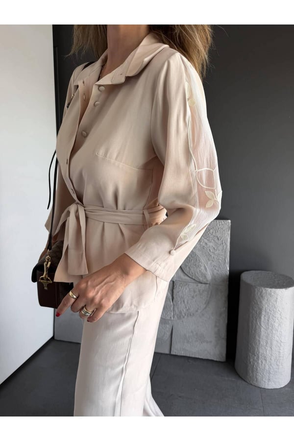 Premium Kalite Kuşak Detaylı Rahat Kesim Gömlek Pantolon İkili Takım