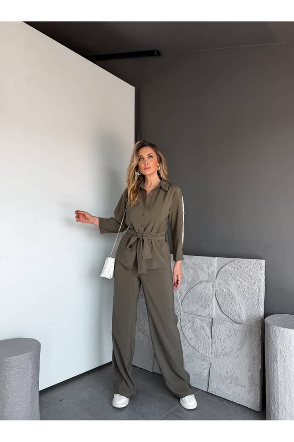 Premium Kalite Kuşak Detaylı Rahat Kesim Gömlek Pantolon İkili Takım