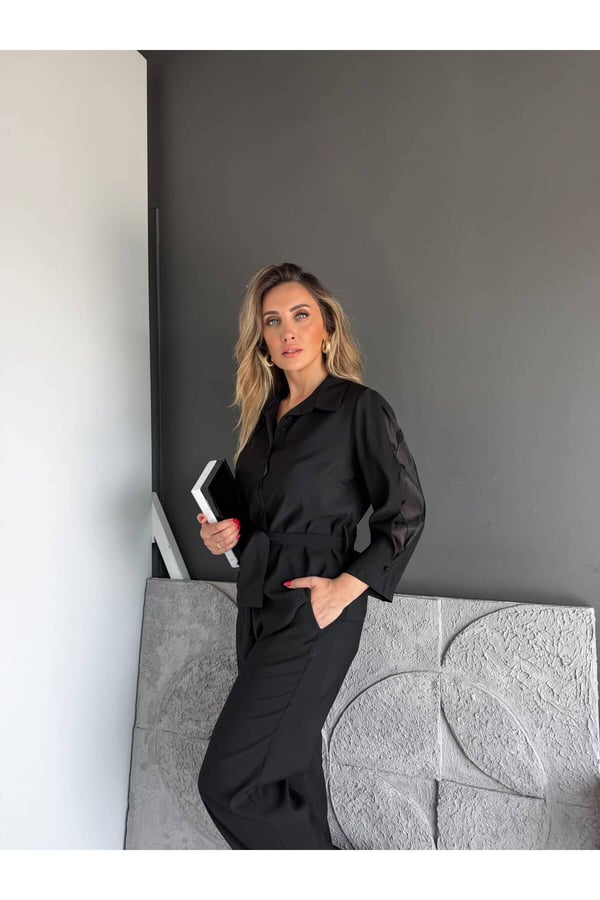 Premium Kalite Kuşak Detaylı Rahat Kesim Gömlek Pantolon İkili Takım