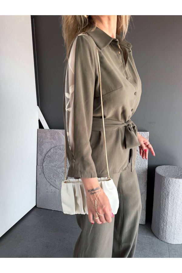 Premium Kalite Kuşak Detaylı Rahat Kesim Gömlek Pantolon İkili Takım