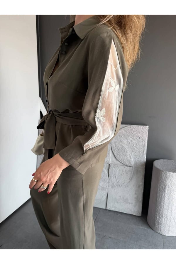 Premium Kalite Kuşak Detaylı Rahat Kesim Gömlek Pantolon İkili Takım