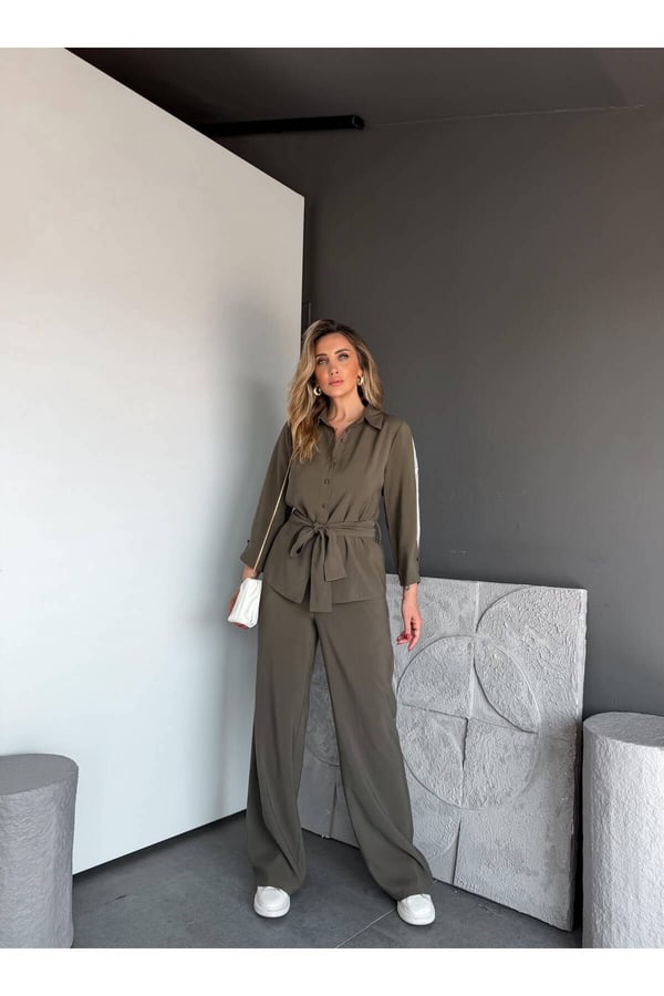 Premium Kalite Kuşak Detaylı Rahat Kesim Gömlek Pantolon İkili Takım