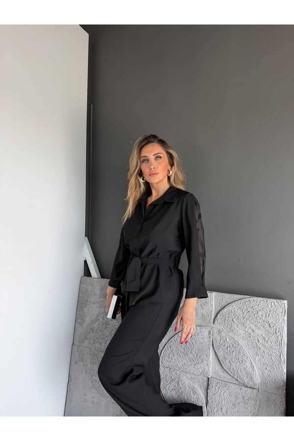Premium Kalite Kuşak Detaylı Rahat Kesim Gömlek Pantolon İkili Takım