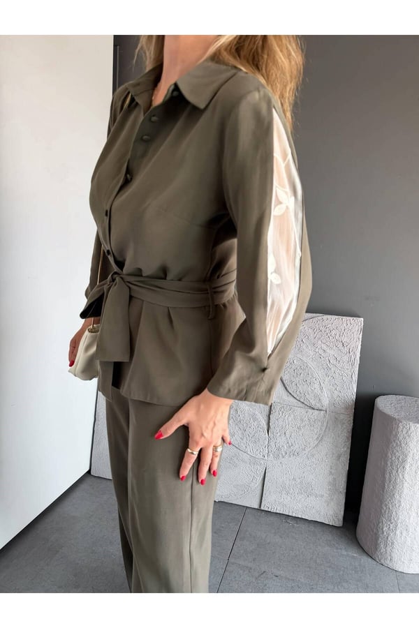Premium Kalite Kuşak Detaylı Rahat Kesim Gömlek Pantolon İkili Takım