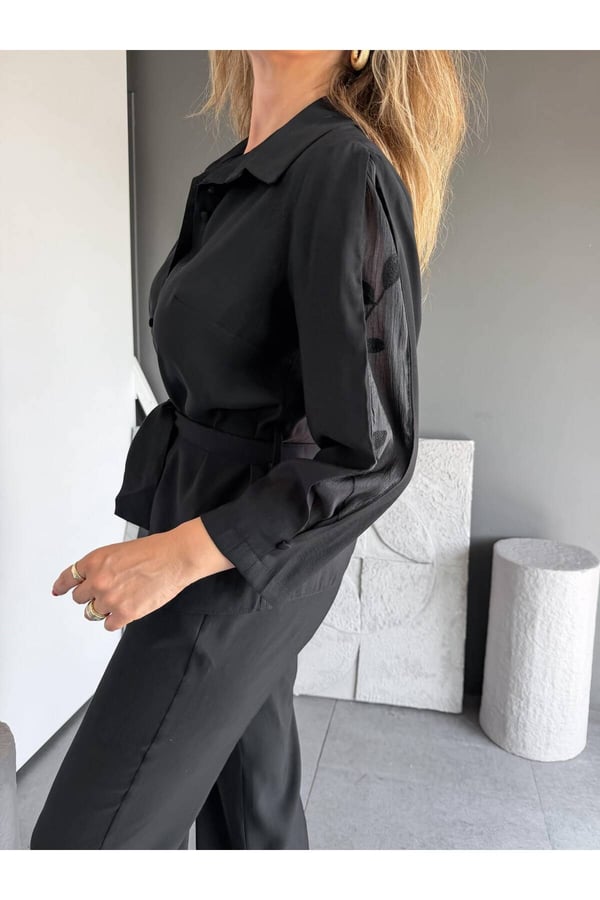 Premium Kalite Kuşak Detaylı Rahat Kesim Gömlek Pantolon İkili Takım