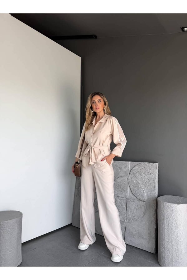 Premium Kalite Kuşak Detaylı Rahat Kesim Gömlek Pantolon İkili Takım