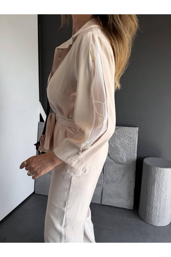 Premium Kalite Kuşak Detaylı Rahat Kesim Gömlek Pantolon İkili Takım