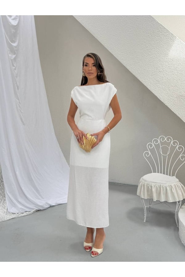 Premium Kayık Yaka Drape Detaylı Midi Elbise
