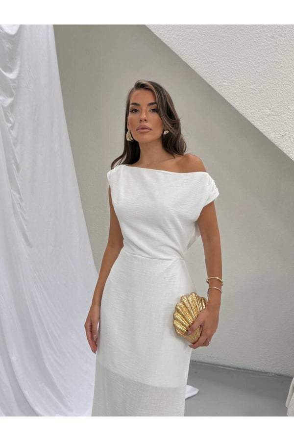 Premium Kayık Yaka Drape Detaylı Midi Elbise