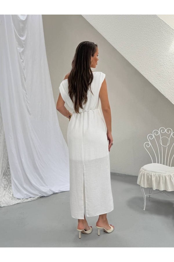 Premium Kayık Yaka Drape Detaylı Midi Elbise