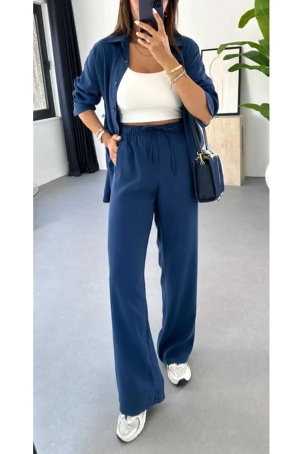 Premium Kumaş Gömlek Pantolon Takım Oversize Salaş Kesim Bol Paça Günlük Şık Kombin