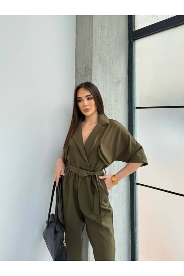 Premium Kuşak Detaylı Kruvaze Yaka Rahat Kalıp Kadın Tulum