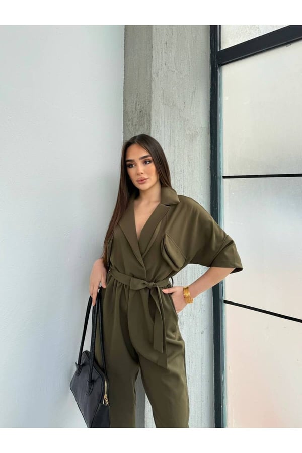 Premium Kuşak Detaylı Kruvaze Yaka Rahat Kalıp Kadın Tulum