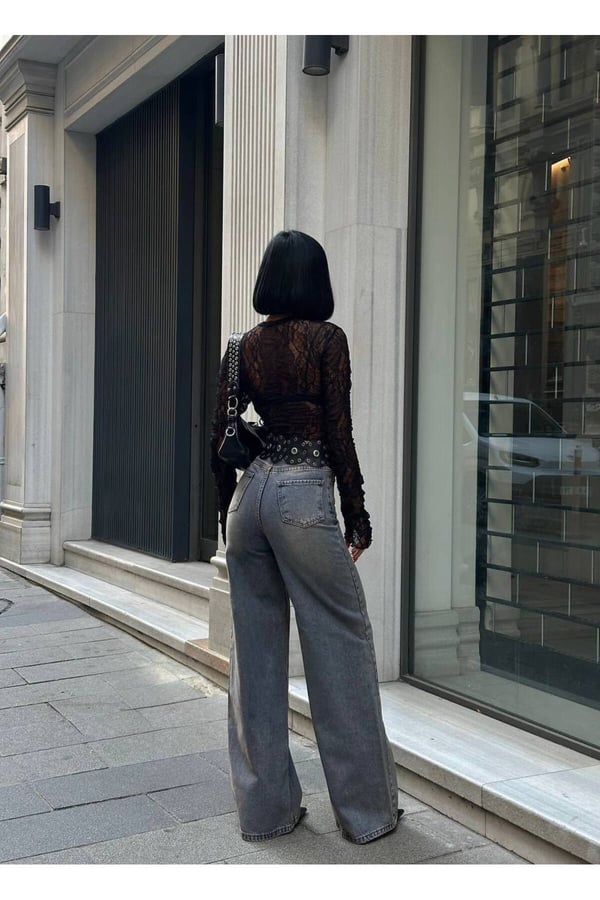 Premium Likrasız Yüksek Bel Rahat Kesim Geniş Paça Denim Jeans Pantolon