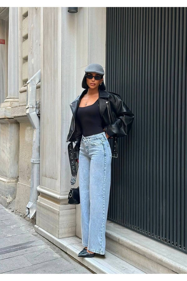 Premium Likrasız Yüksek Bel Rahat Kesim Geniş Paça Denim Jeans Pantolon