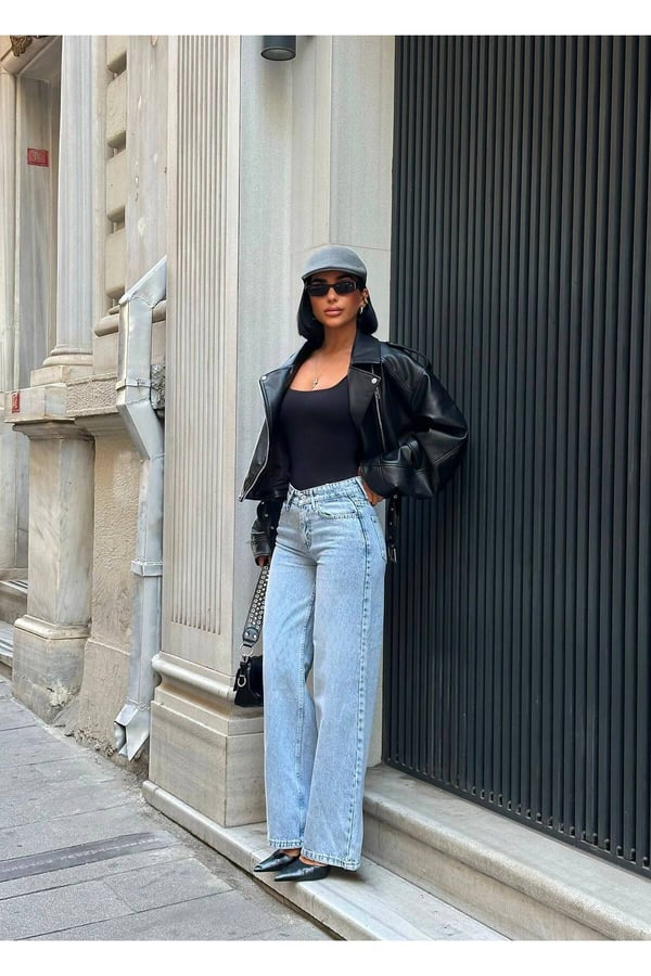 Premium Likrasız Yüksek Bel Rahat Kesim Geniş Paça Denim Jeans Pantolon