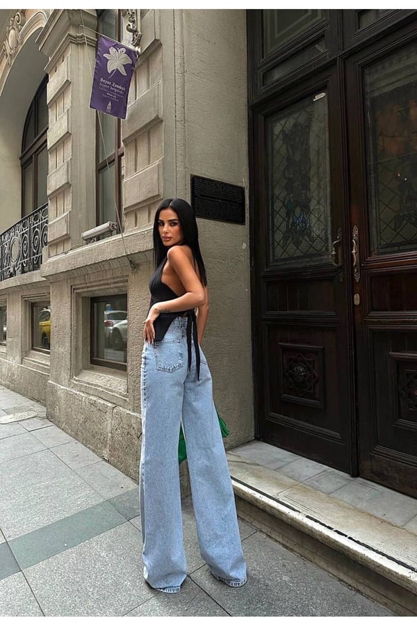 Premium Likrasız Yüksek Bel Rahat Kesim Geniş Paça Denim Jeans Pantolon