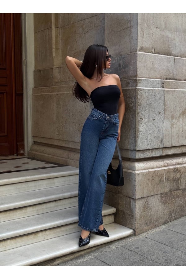 Premium Likrasız Yüksek Bel Rahat Kesim Geniş Paça Denim Jeans Pantolon