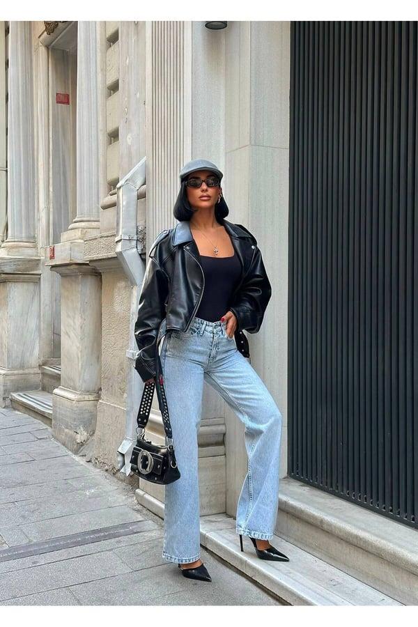 Premium Likrasız Yüksek Bel Rahat Kesim Geniş Paça Denim Jeans Pantolon