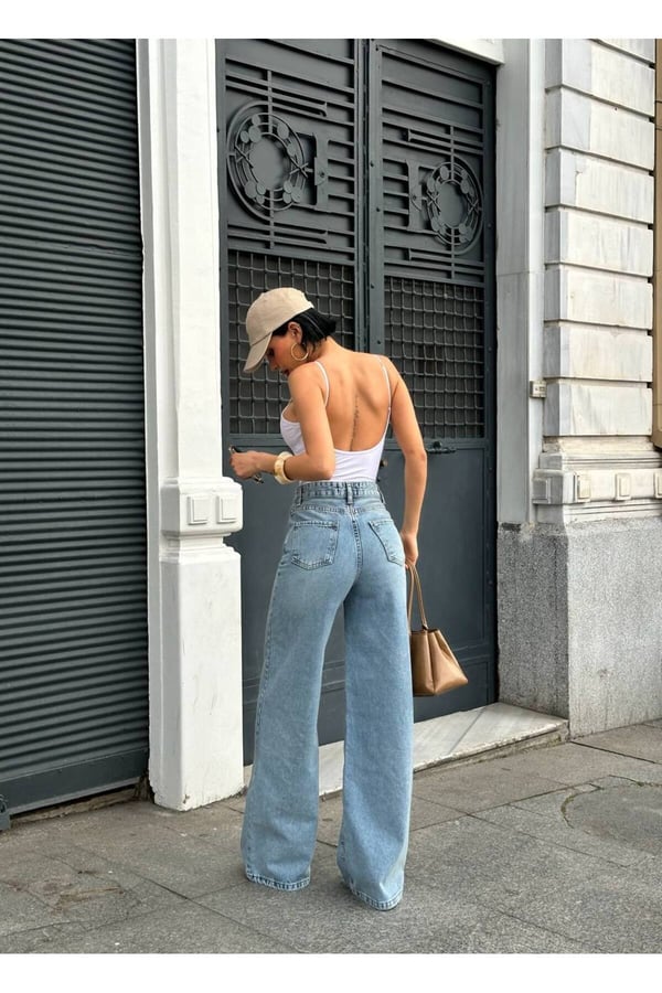 Premium Nakış Detaylı Yüksek Bel Geniş Paça Kadın Jean Pantolon