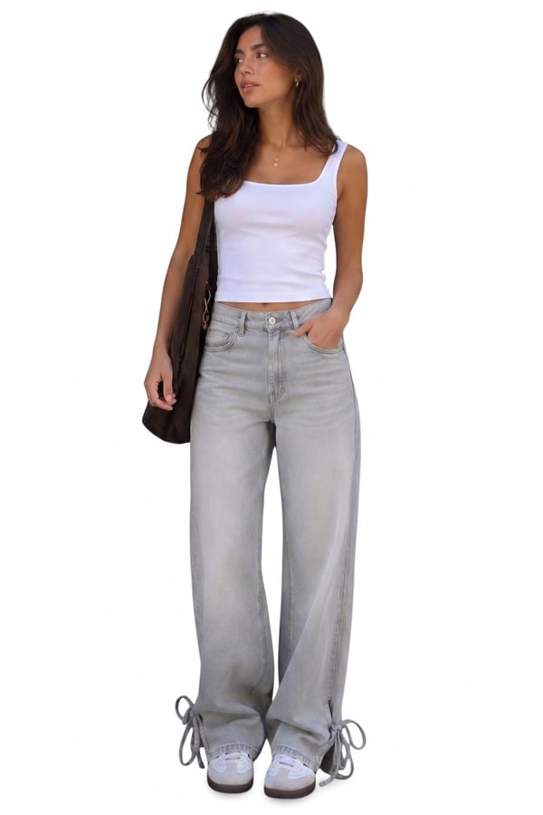 Premium Orijinal Marka Kadın Bağlama Detaylı Yüksek Bel Wide Leg Denim Pantolon Jeans