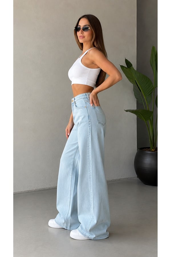 Premium Orijinal Markalı %100 Pamuk Yüksek Bel Wide Leg Bol Paça Denim Jeans Pantolon