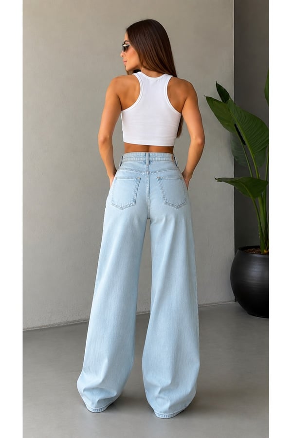 Premium Orijinal Markalı %100 Pamuk Yüksek Bel Wide Leg Bol Paça Denim Jeans Pantolon