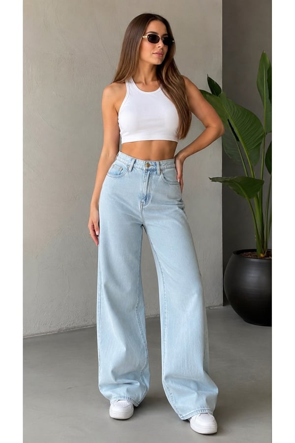 Premium Orijinal Markalı %100 Pamuk Yüksek Bel Wide Leg Bol Paça Denim Jeans Pantolon