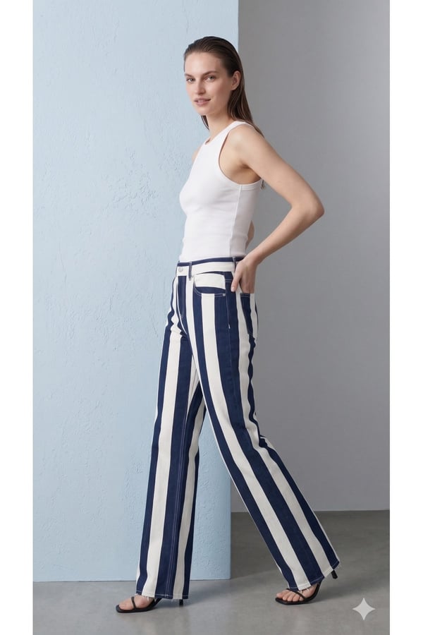 Premium Orijinal Markalı Çizgili Yüksek Bel Bol Paça Kadın Pantolon Jeans