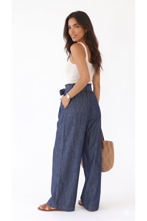 Premium Orijinal Markalı Kadın Lacivert Yüksek Bel Bağlama Detaylı Geniş Paça Denim Pantolon