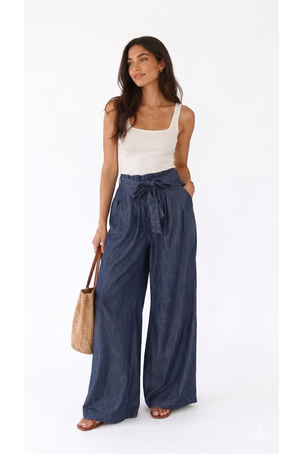 Premium Orijinal Markalı Kadın Lacivert Yüksek Bel Bağlama Detaylı Geniş Paça Denim Pantolon