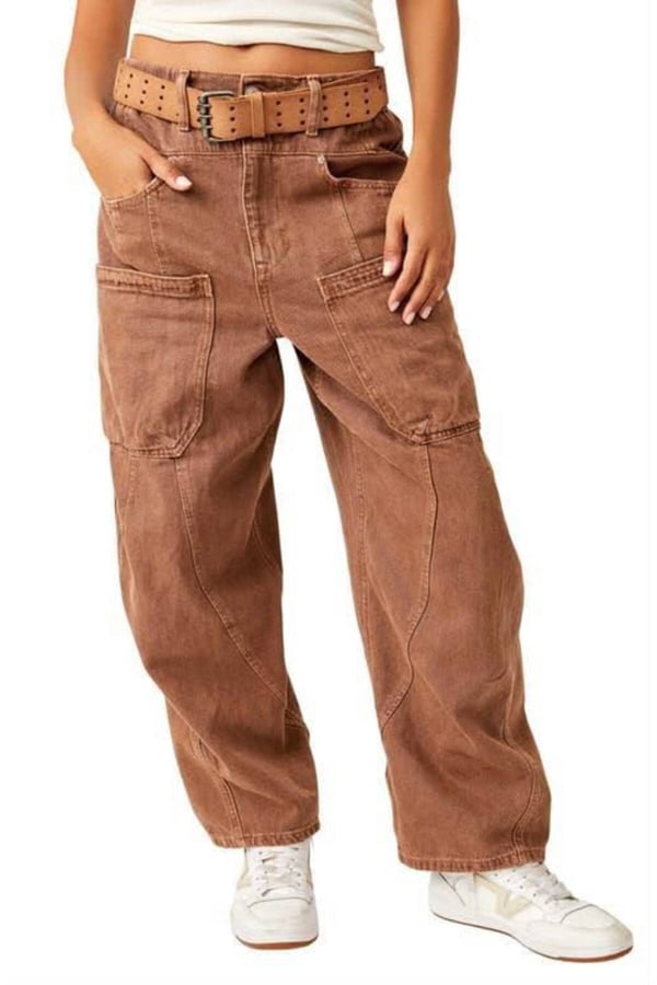 Premium Orijinal Markalı Kargo Cepli Yüksek Bel Rahat Kalıp Kadın Jeans Pantolon