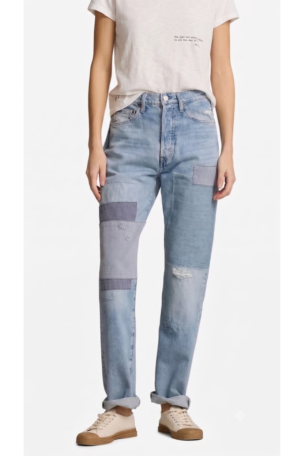 Premium Orijinal Markalı Patchwork Detaylı Yüksek Bel Mom Fit Denim Jeans Pantolon