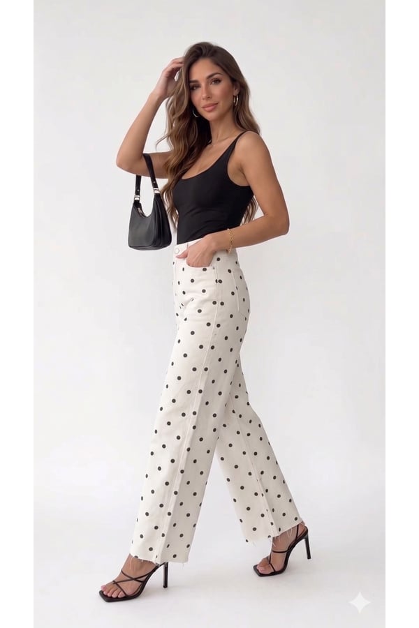 Premium Orijinal Markalı Puantiyeli Yüksek Bel Wide Leg Kadın Pantolon Jeans