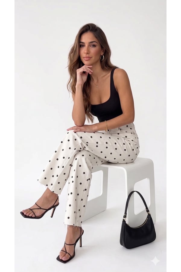Premium Orijinal Markalı Puantiyeli Yüksek Bel Wide Leg Kadın Pantolon Jeans