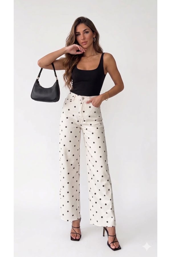Premium Orijinal Markalı Puantiyeli Yüksek Bel Wide Leg Kadın Pantolon Jeans