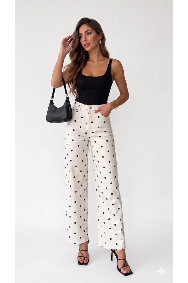 Premium Orijinal Markalı Puantiyeli Yüksek Bel Wide Leg Kadın Pantolon Jeans