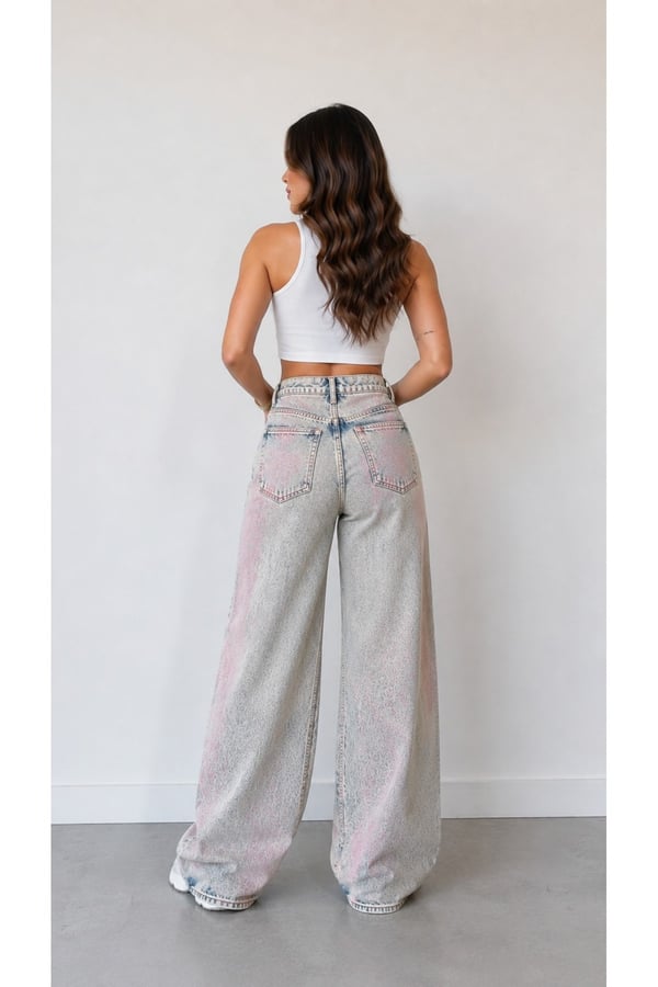 Premium Orijinal Markalı Varaklı Yüksek Bel Wide Leg Yıkamalı Denim Jeans Pantolon
