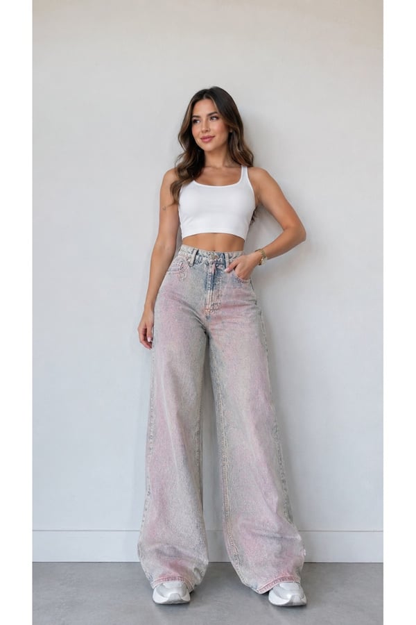 Premium Orijinal Markalı Varaklı Yüksek Bel Wide Leg Yıkamalı Denim Jeans Pantolon