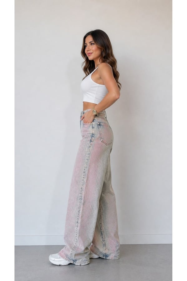 Premium Orijinal Markalı Varaklı Yüksek Bel Wide Leg Yıkamalı Denim Jeans Pantolon