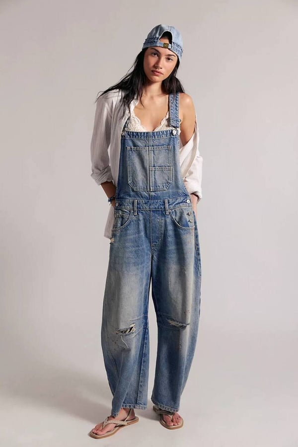 Premium Orijinal Markalı Yırtık Detaylı Bol Paça Denim Kot Tulum Jeans Salopet Kadın Tulum