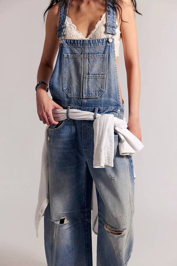 Premium Orijinal Markalı Yırtık Detaylı Bol Paça Denim Kot Tulum Jeans Salopet Kadın Tulum